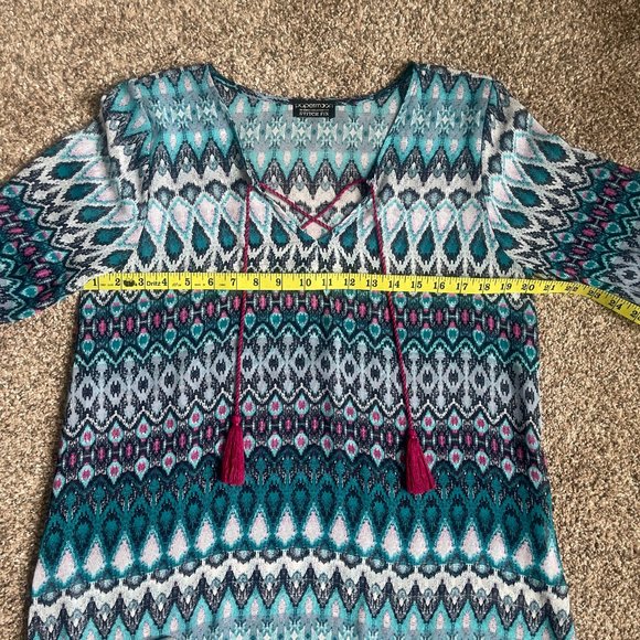 PAPERMOON Howell Tie Neck Blouse, Size Medium, Turquoise Ikat - Picture 6 of 10